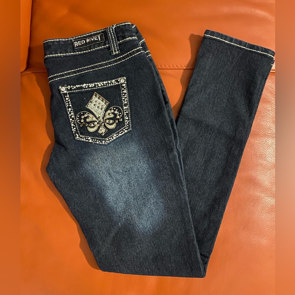 Red Rivet Embellished Dark Jeans